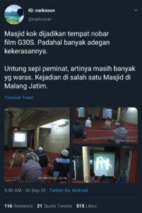 Nobar film G30S/PKI di sebuah masjid di Malang yang menjadi perbincangan warganet di Twitter. (Foto: Dokumen)