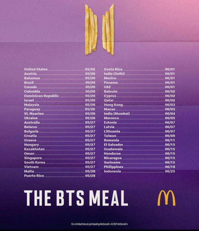 Daftar negara yang berkesempatan mendapatkan kolaborasi McDonald’s dan BTS. (Foto: IG @mcdonalds/Tugu Jatim)