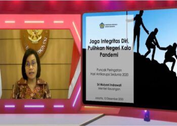 Sri Mulyani saat video conference memperingati Hari Antikorupsi Sedunia. (Foto: Dokumen)