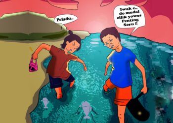 Tradisi Peladu, tradisi unik masyarakat bantaran Sungai Bengawan Solo. (Ilustrasi: Agus Setiawan/Tugu Jatim)