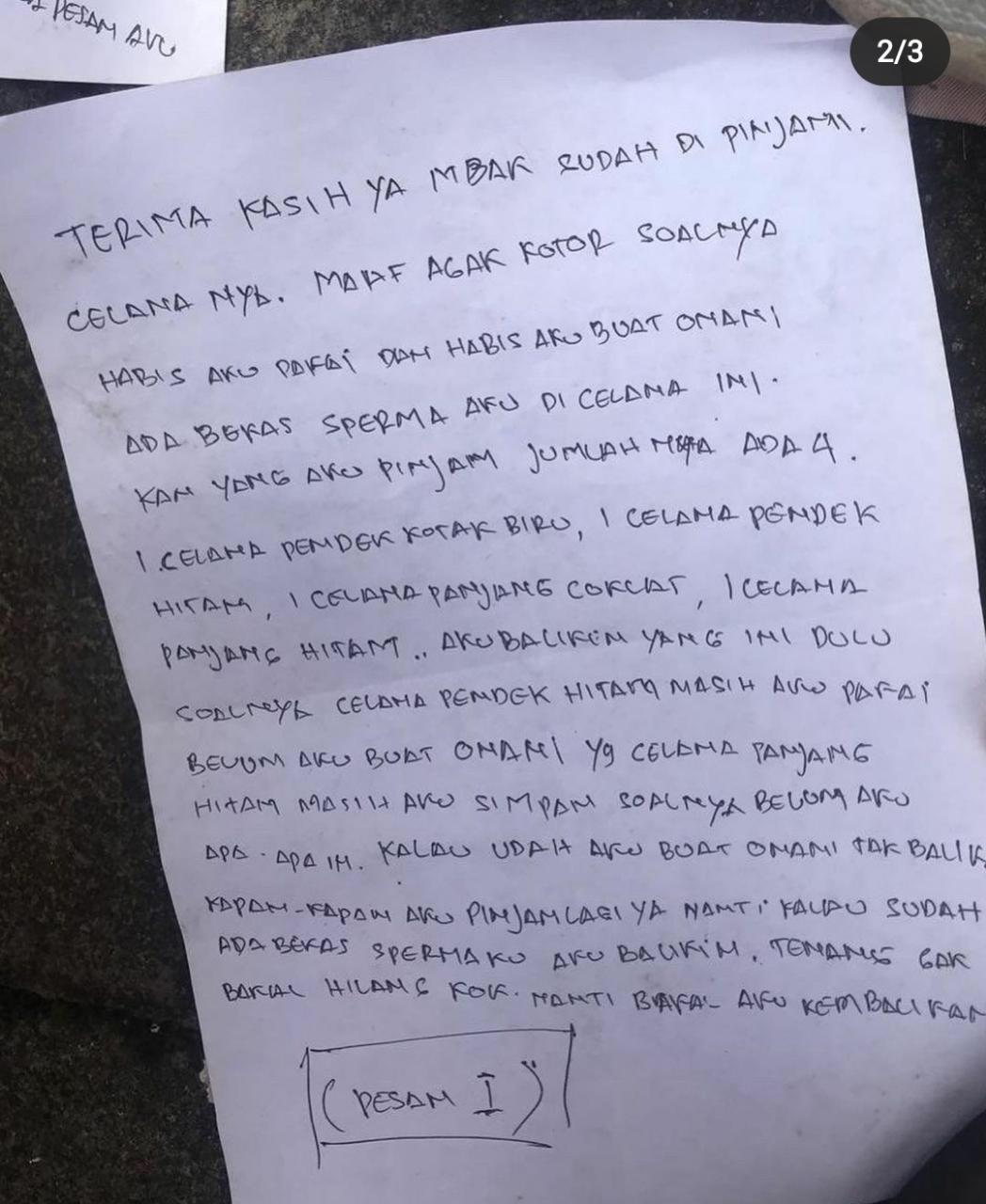 Pesan mesum yang dikirim oleh pelaku pencurian celana dalam di Malang. (Foto: akun @sweeetaesthetic)