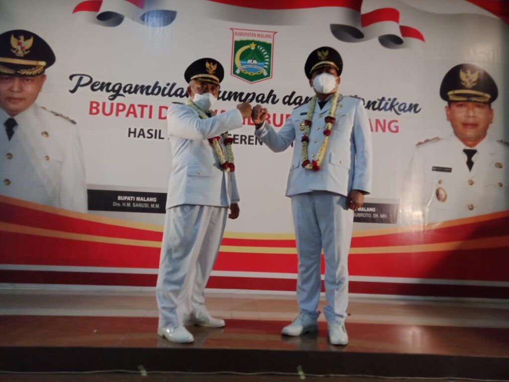 Bupati Malang Muhammad Sanusi dan Wakil Bupati Didik Gatot Subroto saat Penyambutan Pelantikan Bupati Malang di Pendapa Kepanjen, Kabupaten Malang, Jumat (26/02/2021). (Foto: Rap/Tugu Jatim)