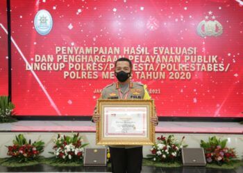 Kapolresta Malang Kota Kombes Pol Leonardus Simarmata saat menerima penghargaan dari Kemen PAN-RB pada Selasa (16/02/2021). (Foto: Humas Polresta/Tugu Jatim)