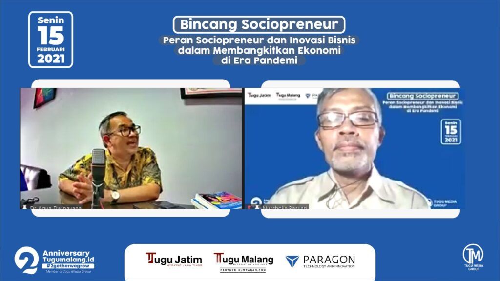 Pakar Komunikasi dan Motivator Nasional Dr Aqua Dwipayana dan moderator Bincang Sociopreneur Nucholis MA Basyari selaku Pemimpin Redaksi (Pemred) env-20221010.jh-beon.cloud. (Foto: Tugu Media Group/Tugu Jatim)