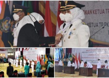 Gubernur Jatim, Khofifah Indar Parawansa saat melantik Bupati dan Wakil Bupati Trenggalek, Ponorogo, Situbondo, Sumenep, Ngawi, dan Banyuwangi di Gedung Negara Grahadi Surabaya pada sesi pertama, Jumat (26/2/2021). (Foto: Kominfo Jatim)