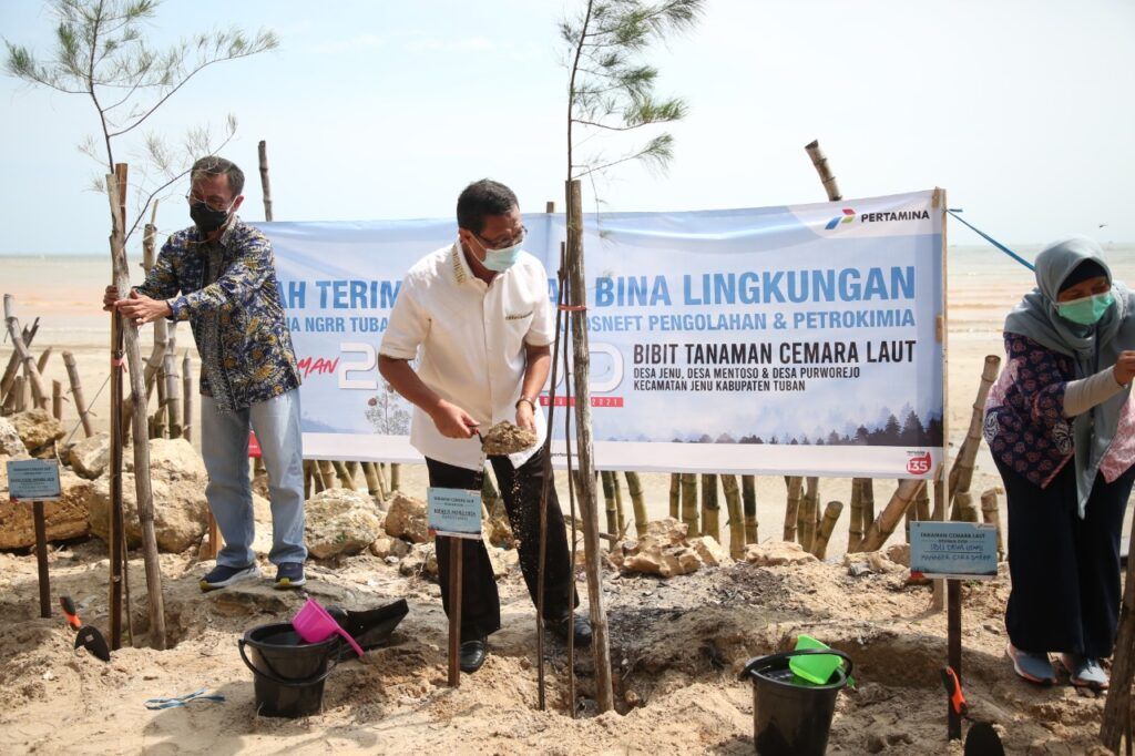 Bupati Tuban, Fathul Huda dan beberapa pejabat lainnya ketika menanam cemara laut. (Foto: Humas Pemkab Tuban)