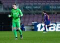 Marc Andre Ter Stegen tampak bersemangat saat clean-sheet pada laga leg ke-2 semifinal Copa Del Rey kontra Sevilla. (Foto: Twitter @fcbarcelona_id/Tugu Jatim)