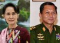 Petinggi Partai NLD Aung San Suu Kyi (kiri) dan Jenderal Senior Min Aung Hlaing dalang kudeta militer Myanmar (kanan). (Foto: Wikipedia/Tugu Jatim)