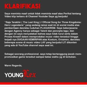 Unggahan klarifikasi Young Lex. (Foto: IG @young_lex18/Tugu Jatim)