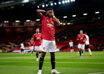 Amad Diallo merayakan Gol pembuka bagi MU, diawal babak kedua setelah babak pertama berakhir tanpa Gol. (Foto: Twitter/@Amaddiallo_19) man united ac milan liga eropa manchester united