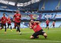 Menang 2-0, Man United Sukses Hentikan Kemenangan Beruntun Man City 6 Bruno Fernandes merayakan Gol bersama timnya saat bertandang di Stadion Etihad. (Foto: Twitter/@ManUtd) man city vs man united