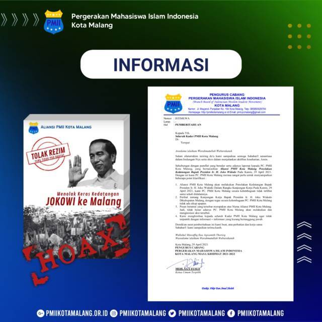 Surat pernyataan PMII Kota Malang yang membantah membuat narasi penolakann kedatangan Jokowi ke Malang. (Foto: PMII Kota Malang)