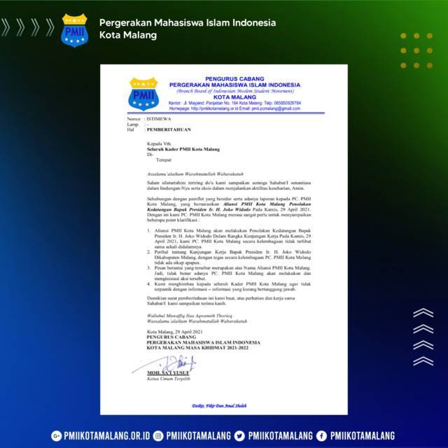 Surat pernyataan PMII Kota Malang yang membantah membuat narasi penolakann kedatangan Jokowi ke Malang. (Foto: PMII Kota Malang)