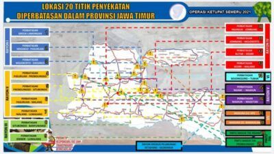 Peta penyekatan yang tersebar di sejumlah wilayah di Jawa Timur oleh Ditlantas Polda Jatim. (Foto:Tangkapan Layar/Tugu Jatim)