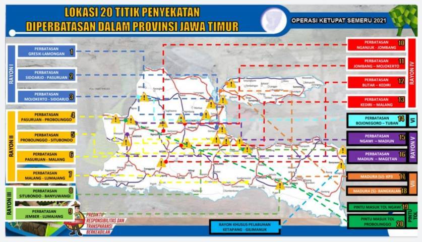 Peta penyekatan yang tersebar di sejumlah wilayah di Jawa Timur oleh Ditlantas Polda Jatim. (Foto:Tangkapan Layar/Tugu Jatim)