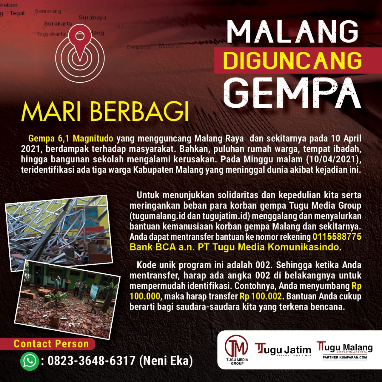 Tugu Media Group membuka donasi untuk korban gempa Malang. (Foto: Dokumen)