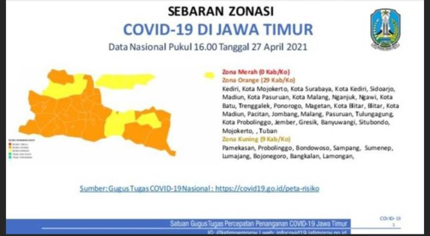 Peta sebaran zonasi Covid-19 di Jatim. (Foto: Dokumen)
