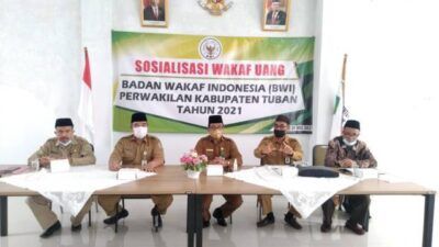 Kepala Kemenag Tuban, Sahid saat memberikan sambutan pada acara sosialisasi wakaf uang dari Badan Wakaf Indonesia (BWI) di Kabupaten Tuban, Senin (31/5/2021). (Foto: Kemenag Tuban)