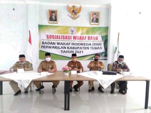 Kepala Kemenag Tuban, Sahid saat memberikan sambutan pada acara sosialisasi wakaf uang dari Badan Wakaf Indonesia (BWI) di Kabupaten Tuban, Senin (31/5/2021). (Foto: Kemenag Tuban)