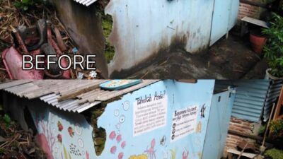 Before dan after karya mural mahasiswa Kuliah Kerja Nyata (KKN) Universitas Negeri Malang (UM) Tahun 2021 di Taman Keceh, di Kampung Celaket RT 03, RW 02, Kota Malang. (Foto: Dokumen/Tugu Jatim)