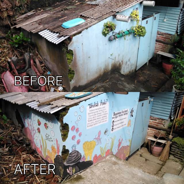 Before dan after karya mural mahasiswa Kuliah Kerja Nyata (KKN) Universitas Negeri Malang (UM) Tahun 2021 di Taman Keceh, di Kampung Celaket RT 03, RW 02, Kota Malang. (Foto: Dokumen/Tugu Jatim)