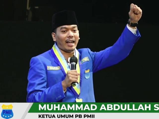 Ketua Umum Pengurus Besar (PB) PMII Muhammad Abdullah Syukri saat memaparkan program kerjanya. (Foto: tangkapan layar channel YouTube TVNU/Tugu Jatim)