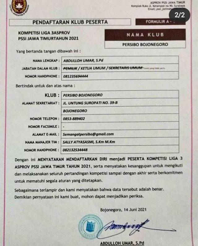 Formulir pendaftaran klub peserta Persibo untuk mengikuti kompetisi liga 3 PSSI Jawa Timur tahun 2021 kepada Ketua PSSI Jawa Timur. (Foto: Instagram/@annamuawanah_)
