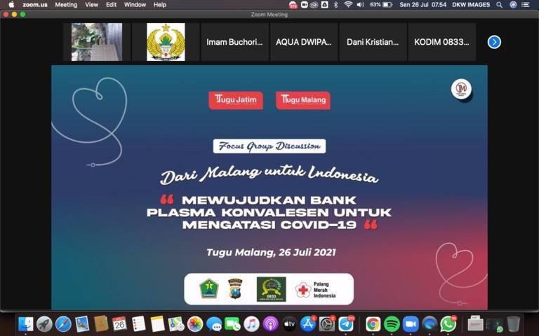 Focus Group Discussion (FGD) bertajuk "Dari Malang Untuk Indonesia, Mewujudkan Bank Plasma Konvalesen untuk Mengatasi Covid-19" pada Senin (26/07/2021) secara virtual.(Foto: Dani/Tugu Jatim)