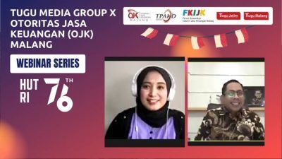 Financial planner sekaligus dosen Universitas Brawijaya (UB) Kota Malang Dr Dwi Wulandari SE MM CFP dan Kepala OJK Kota Malang Sugiarto Kasmuri saat memaparkan materi webinar bekerja sama dengan Tugu Media Group, Selasa (27/07/2021). (Foto: M. Sholeh/Tugu Jatim)