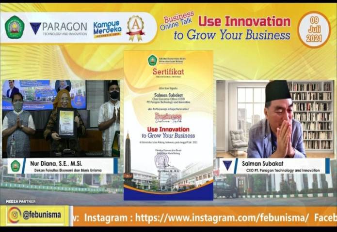 Kegiatan Business Online Talks FEB Unisma bertajuk Use Innovation to Grow Your Business bersama PT Paragon Technology and Innovation. (Foto: tangkapan layar)