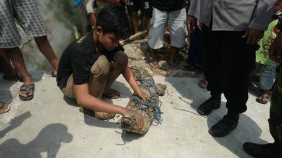 Aksi warga saat menangkap buaya yang diduga milik BKSDA yang lepas sejak dua hari yang lalu, Selasa (31/8/2021). (Foto: Dokumen/Camat Parengan) tugu jatim