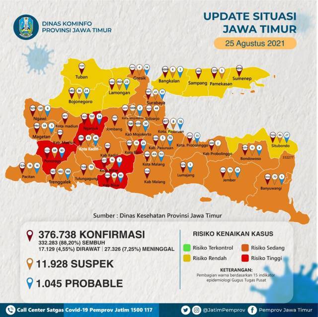  Peta sebaran Covid-19 di Jawa Timur di mana Kabupaten Tuban diklaim telah memasuki Zona Kuning. (Foto: Dokumen)