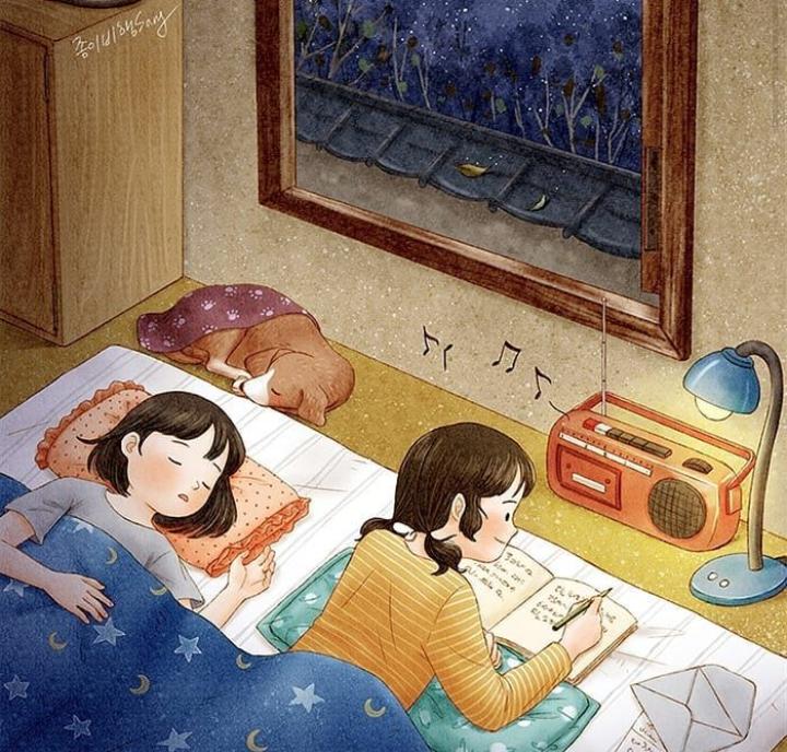 Ilustrasi dua remaja putri dan aktivitasnya di kamar kos/tugu jatim