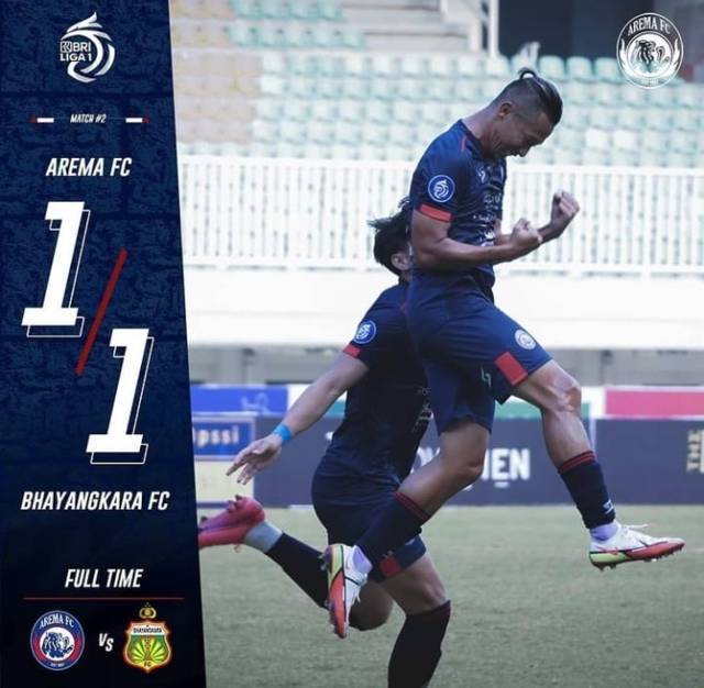 Dendi Santoso berselebrasi usai mencetak gol penyama kedudukan menjadi 1-1 ketika melawan Bhayangkara FC, Minggu (12/9/2021). (Foto: Instagram/Arema FC Official) tugu jatim