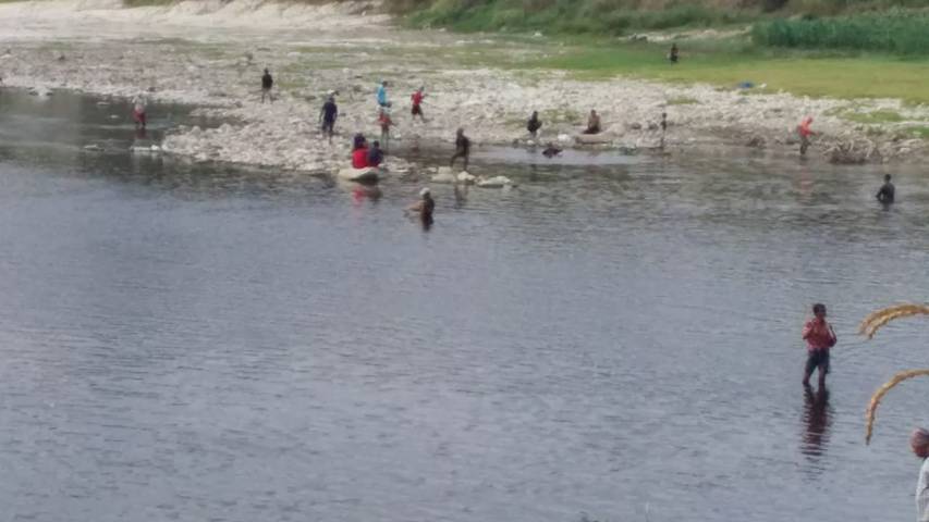 Warga mengambil ikan-ikan yang tercemar limbah di Bengawan Solo di daerah Bojonegoro. (Foto: Istimewa) tugu jatim