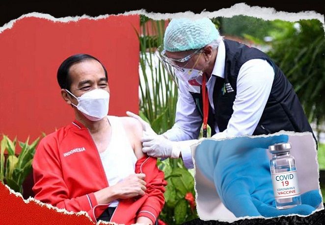 Presiden Jokowi sedang melakukan vaksinasi memberi teladan pada semua masyarakat agar segera ikut vaksin/tugu jatim