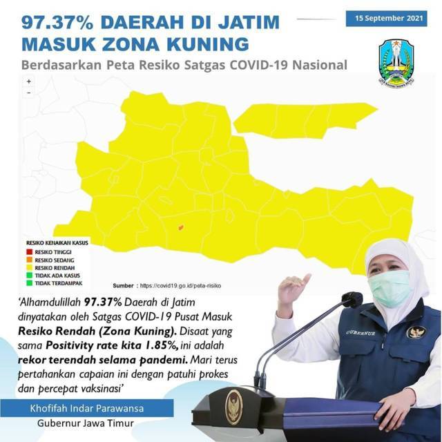 Tangkapan layar peta risiko sebaran Covid-19 di wilayah Jawa Timur yang telah masuk Zona Kuning. (Sumber: Intagram/Khofifah Indar Parawansa) tugu jatim