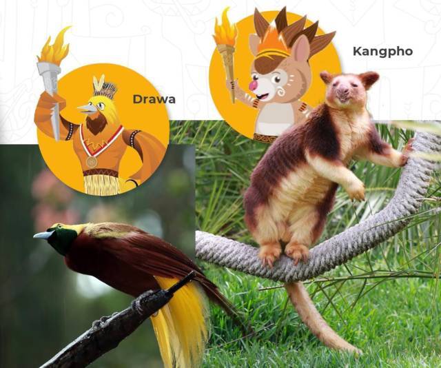 Maskot PON XX Papua, Kangpho atau kepanjangan dari Kanguru pohon dan Drawa atau Burung Cenderawasih. (Foto: Kemenparekraf) tugu jatim