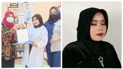 Adhisty Cahya Ramadhanti (tengah berbaju putih) saat menerima penghargaan Best Make Up dan saat bermake up dengan kebaya hitam. /tugu jatim