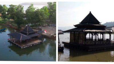 Pemandangan Masjid Terapung di Kabupaten Pacitan dari udara (kiri) dan tampak samping (kanan)./tugu jatim