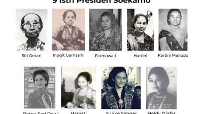 9 istri presiden Soekarno, (dari kanan) Oetari, Inggit Garnasih, Fatmawati, Hartini, Kartini Manoppo, Ratna Sari Dewi, Haryati, Yurike, dan Heldy Djafar./tugu jatim