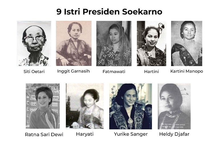 9 istri presiden Soekarno, (dari kanan) Oetari, Inggit Garnasih, Fatmawati, Hartini, Kartini Manoppo, Ratna Sari Dewi, Haryati, Yurike, dan Heldy Djafar./tugu jatim