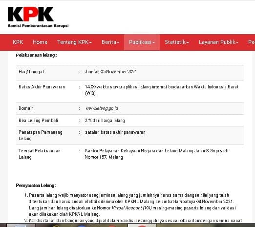 Komisi Pemberantasan Korupsi (KPK) mengumumkan lelang barang rampasan negara berupa tanah dan bangunan atas kasus korupsi eks wali Kota Madiun. (Foto: website KPK/Tugu Jatim)
