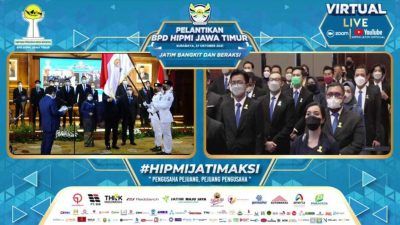 Pelantikan Badan Pengurus Daerah (BPD) Hipmi Jatim periode tahun 2021-2024 berlangsung di Gedung Grahadi Surabaya, Rabu (27/10/2021). (Foto: YouTube Hipmi Jatim/Tugu Jatim)