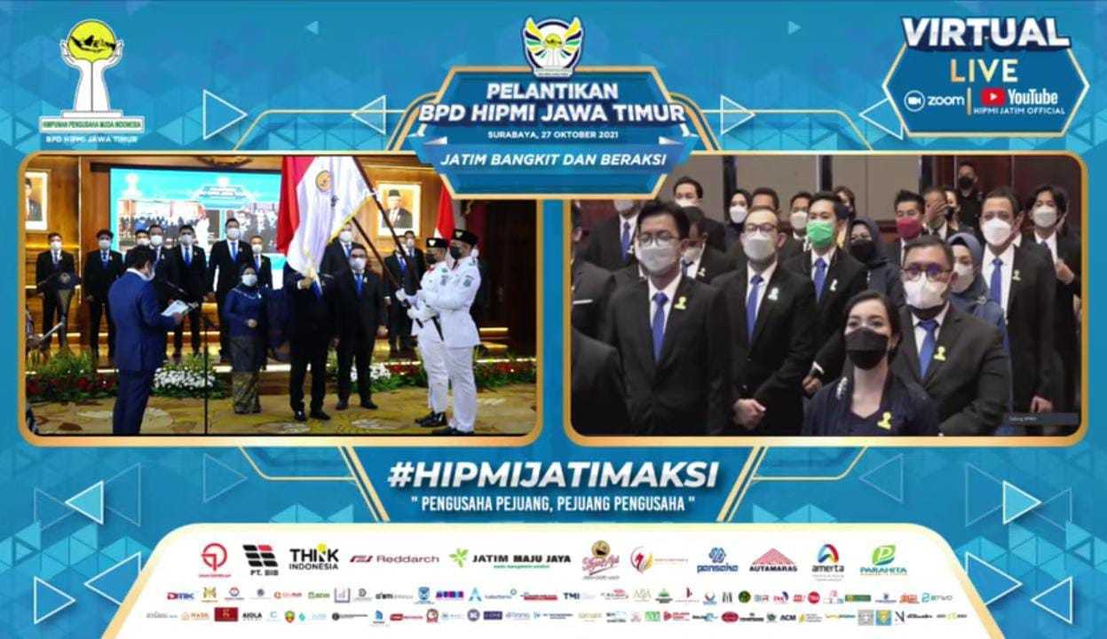 Pelantikan Badan Pengurus Daerah (BPD) Hipmi Jatim periode tahun 2021-2024 berlangsung di Gedung Grahadi Surabaya, Rabu (27/10/2021). (Foto: YouTube Hipmi Jatim/Tugu Jatim)