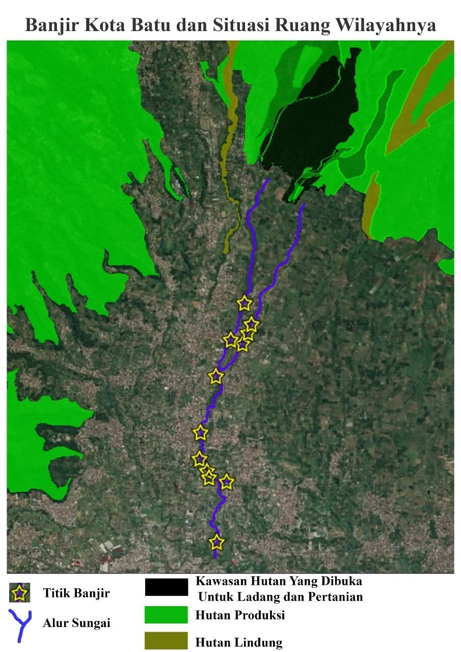 Peta banjir dan situasi ruang terbuka hijau  (RTH) di Kota Batu. (Foto: WALHI/Tugu Jatim)