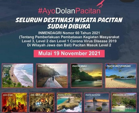 Poster pembukaan destinasi wisata di Kabupaten Pacitan.