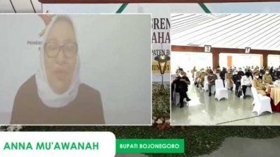 Bupati Bojonegoro Anna Muawanah hadir secara virtual di acara Musrenbang Perubahan Rencana Pembangunan Jangka Menengah Daerah (RPJMD) 2018-2023 di Pendapa Malowopati, Selasa (09/11/2021). (Foto: YouTube Pemkab Bojonegoro/Tugu Jatim)