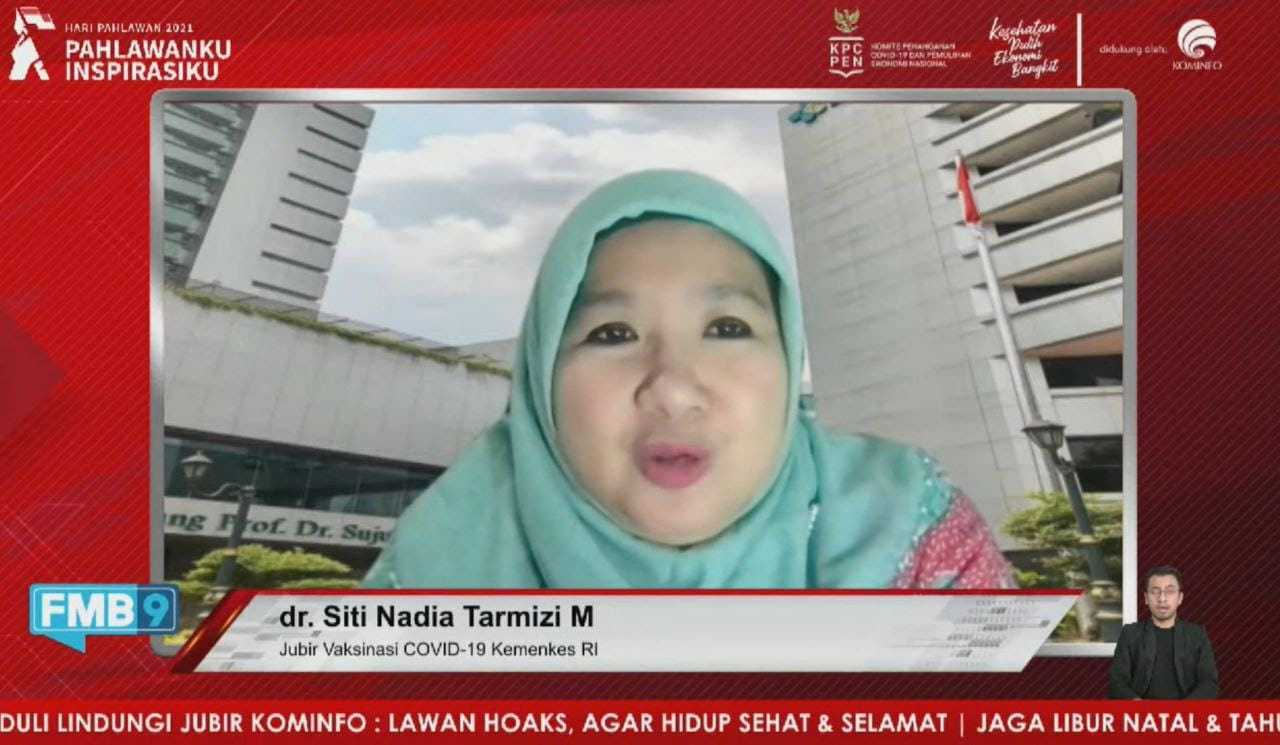 Juru Bicara Vaksinasi Covid-19 Kementerian Kesehatan Republik Indonesia Siti Nadia Tarmizi dalam Dialog Produktif di Media Center KPCPEN, Selasa (09/11/2021). (Foto: Dokumen/Tugu Jatim)