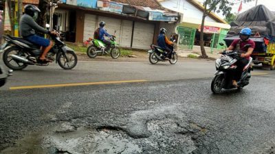 Jalan berlubang. (Foto: Mila Arinda/Tugu Jatim)